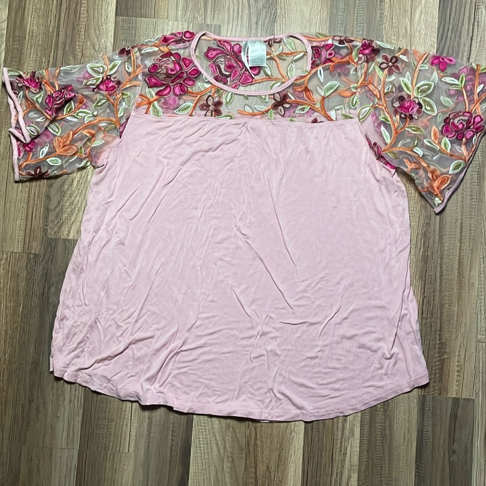 Forgotten Grace pink blouse with mesh floral sleeves